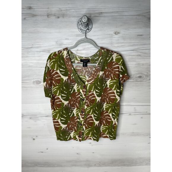 Tahari Shirt Womens Medium Green Brown Linen Button Front V-Neck Tropical Leaf - Picture 1 of 8
